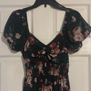 Trixxi Black Floral Midi Dress with Puff Sleeves